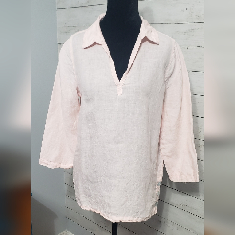 Tahari Light Pink Women's Tunic Top 100% Linen V-neck 3/4 Sleeves Spread Collar